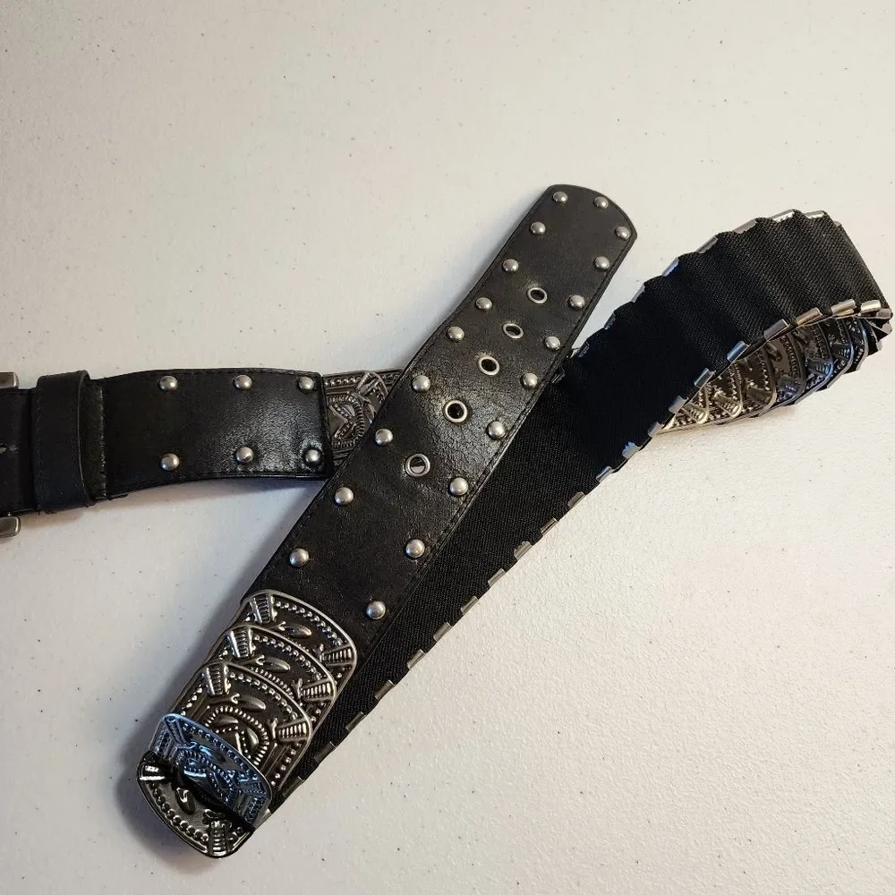 Western-Inspired Studded Silver Stretch Belt with Embossed Silver-Tone Accents